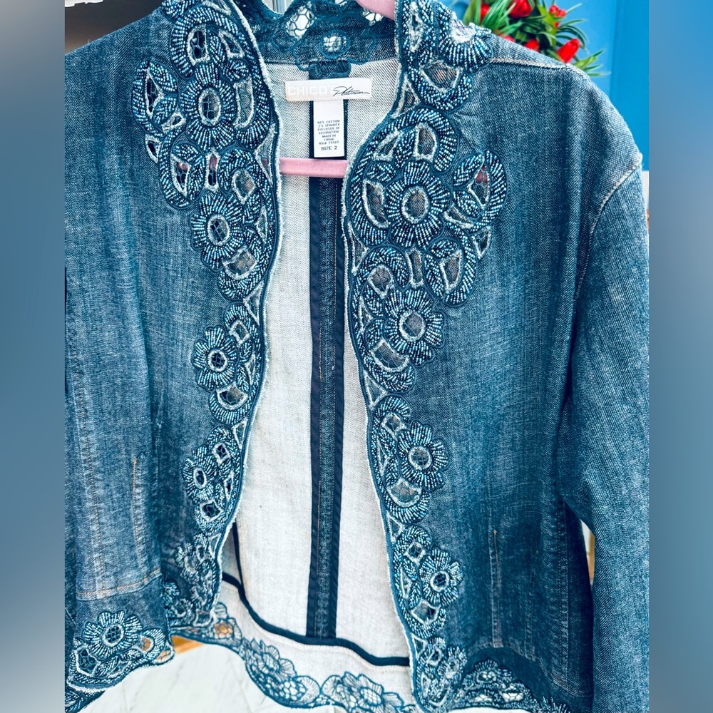 Chicos Denim Jacket with Beaded Embroidered cutouts